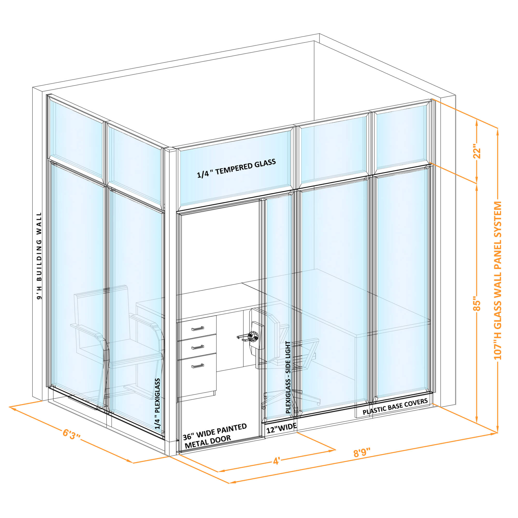 Modular glass office walls GWO L 86x60x1070