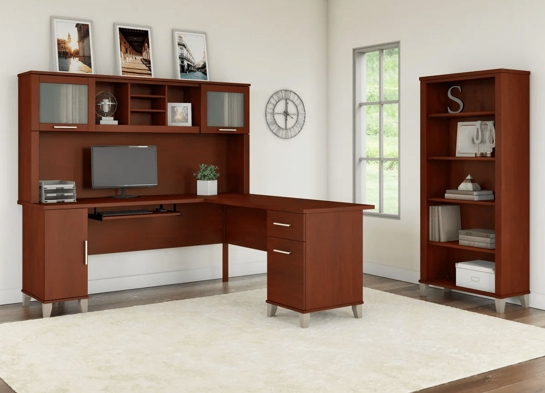 L shaped computer desk with 5 shelf bookcase 72 w space view hansen cherry