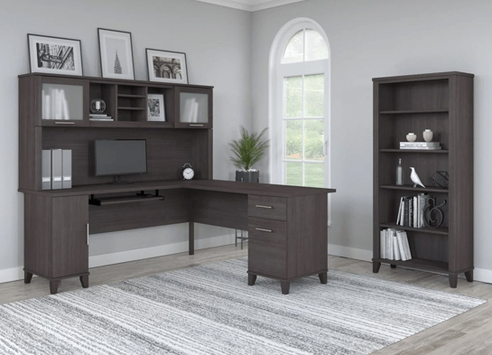 L shaped computer desk with 5 shelf bookcase 72 w space view storm gray