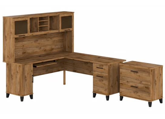 L shaped computer desk with traditional file cabinet 72 w highlight fresh walnut 1