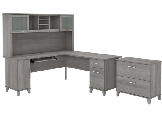 L shaped computer desk with traditional file cabinet 72 w platinum gray 1