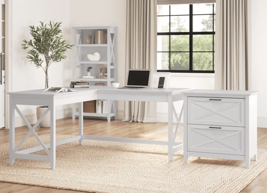 L shaped desk and file cabinet space view pure white oak