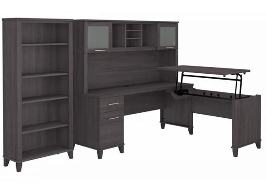 Modern office standing desk with 5 shelf bookcase highlight view storm gray