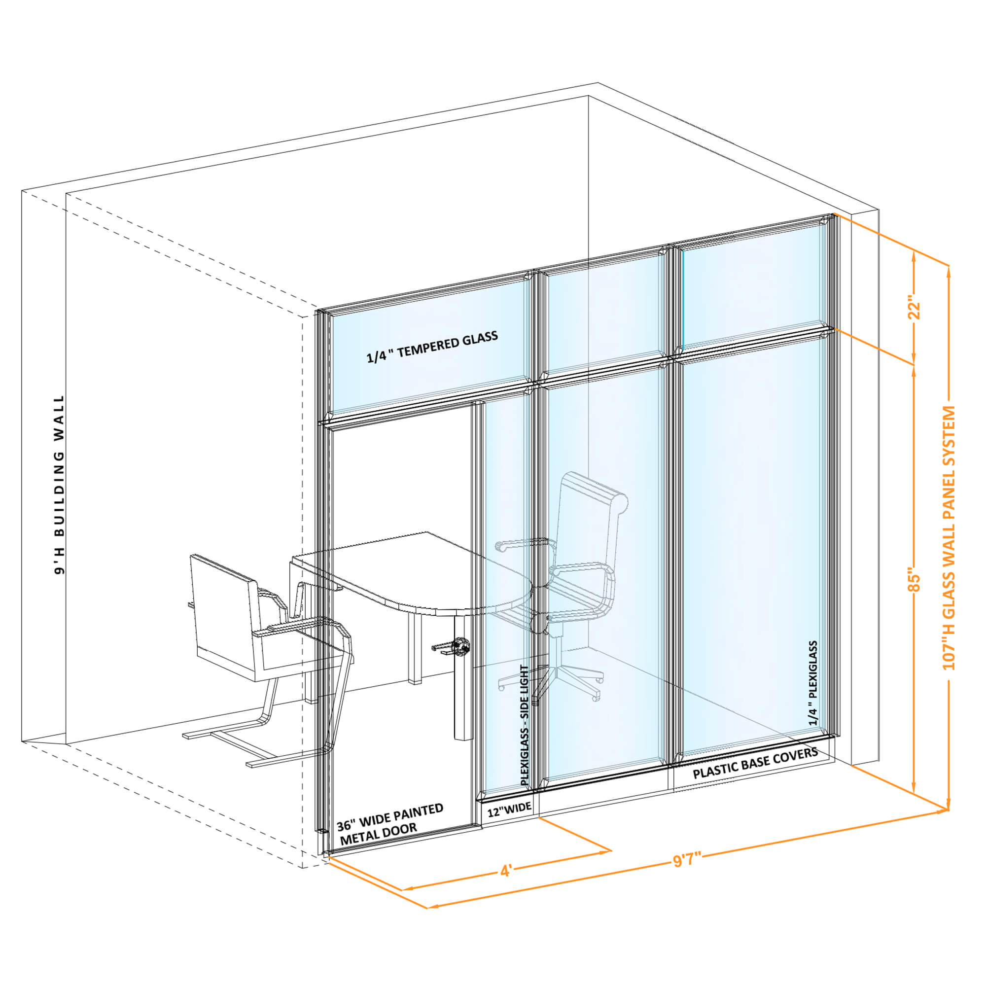 Modular glass office walls GWCR I 96x1070