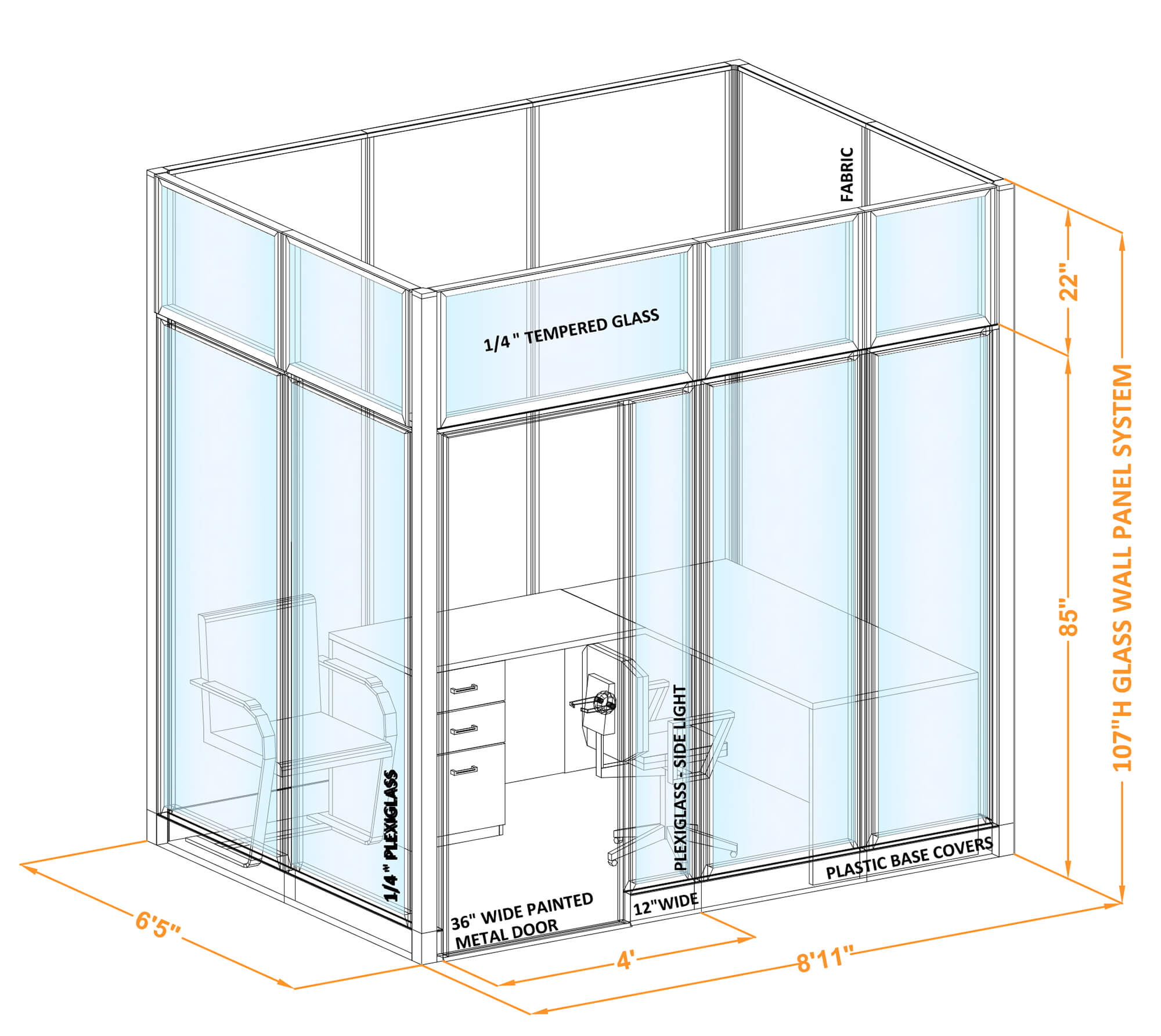 Modular glass office walls GWO O 86x60x1070