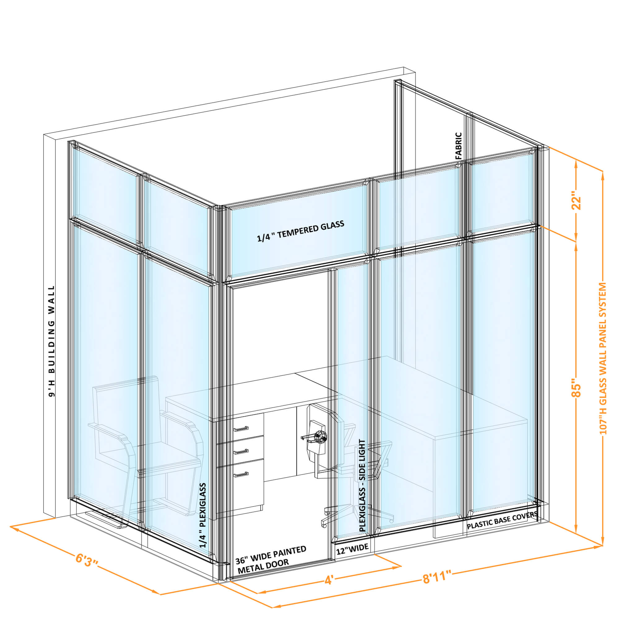Modular glass office walls GWO U 86x60x1070