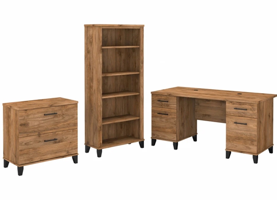 Office desk with 2 file drawers and 5 shelf bookcase highlight fresh walnut