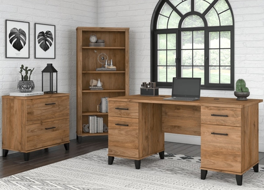 Office desk with 2 file drawers and 5 shelf bookcase space view fresh walnut