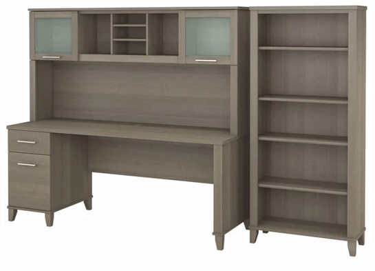 Office desk with hutch and 5 shelf bookcase highlight view ash gray 1