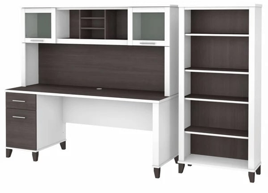 Office desk with hutch and 5 shelf bookcase highlight view storm gray white 1