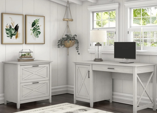 Rustic style desk with drawer lateral file cabinet space view linen white oak