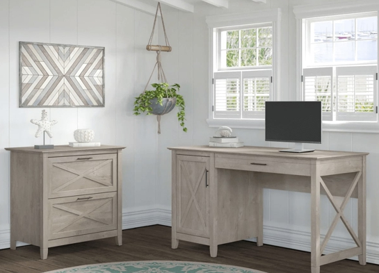 Rustic style desk with drawer lateral file cabinet space view washed gray