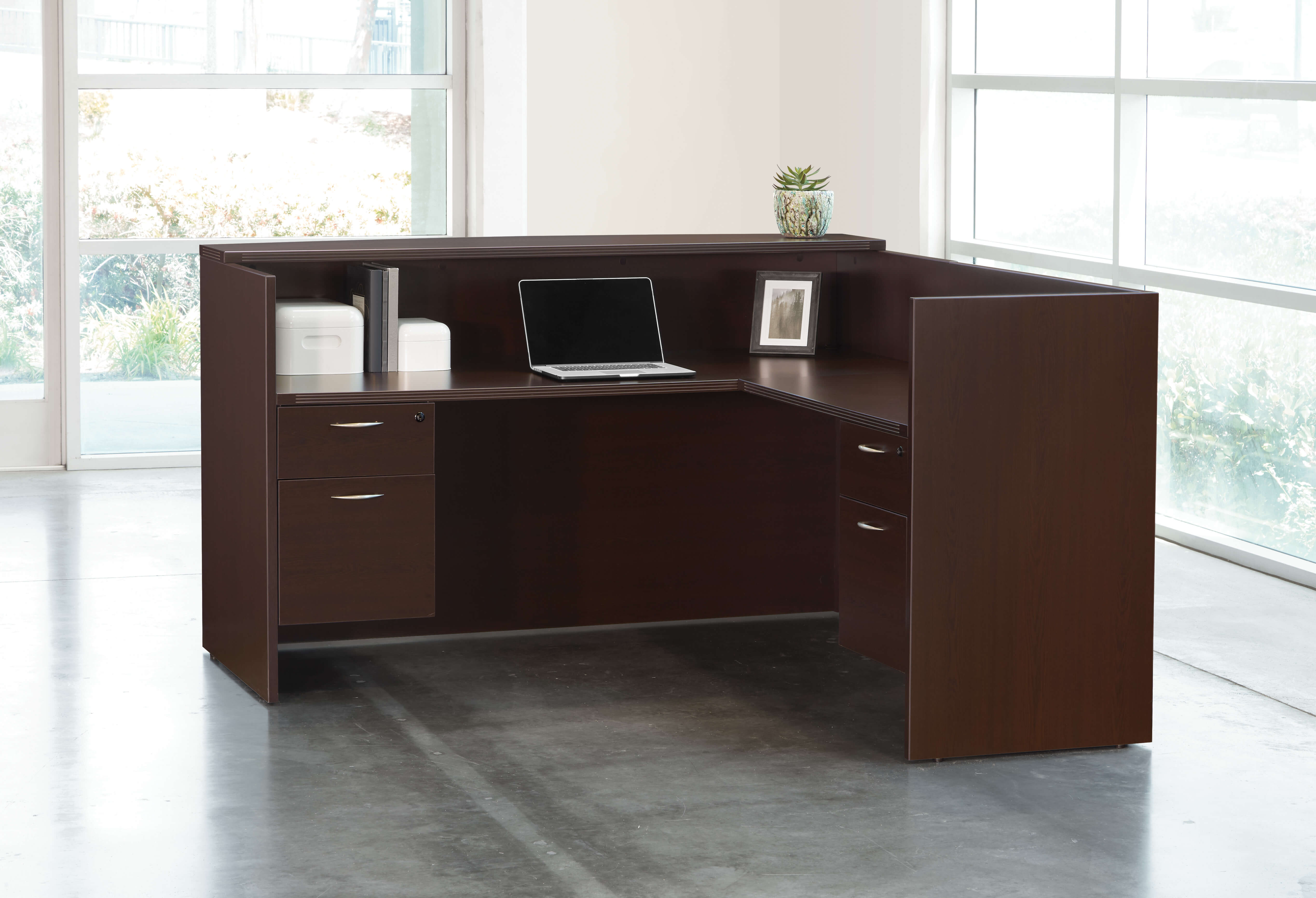 Office reception desk straight reception desk contemporary office reception desk espresso internal view 1