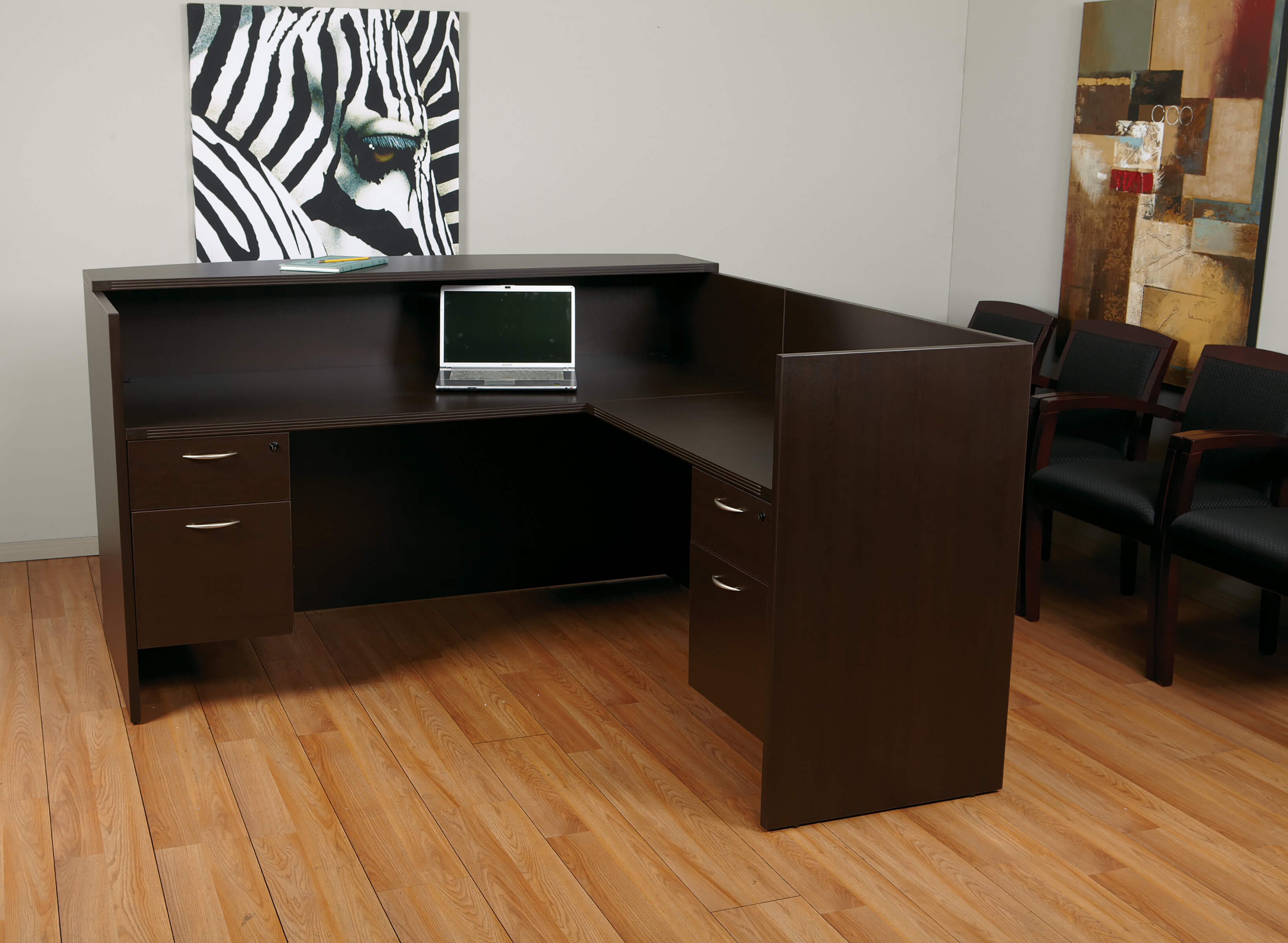 Office reception desk straight reception desk contemporary office reception desk espresso internal view 2