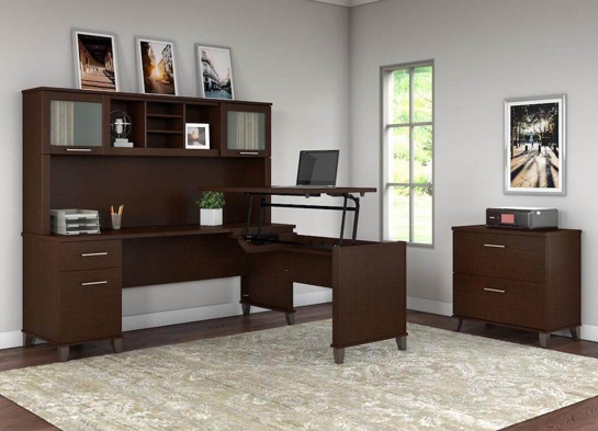 Sit and stand desk sit and stand corner desk standing desk with storage mocha cherry space view