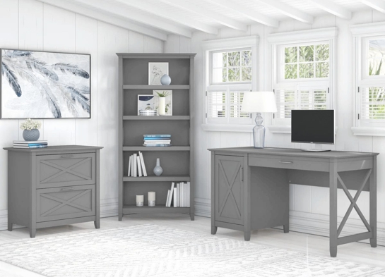 West style desk with drawer file cabinet and 5 shelf bookcase space view cape cod gray