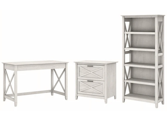 Western style desk with drawer lateral file cabinet and 5 shelf bookcase linen white oak